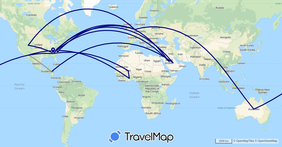 TravelMap itinerary: driving, plane in Australia, Ghana, Honduras, Mali, Netherlands, Saudi Arabia, United States (Africa, Asia, Europe, North America, Oceania)
